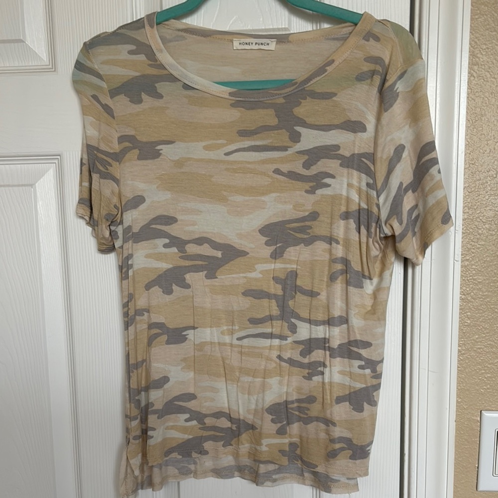 Honey Punch Camo Short Sleeve Tee - Tan and Gray